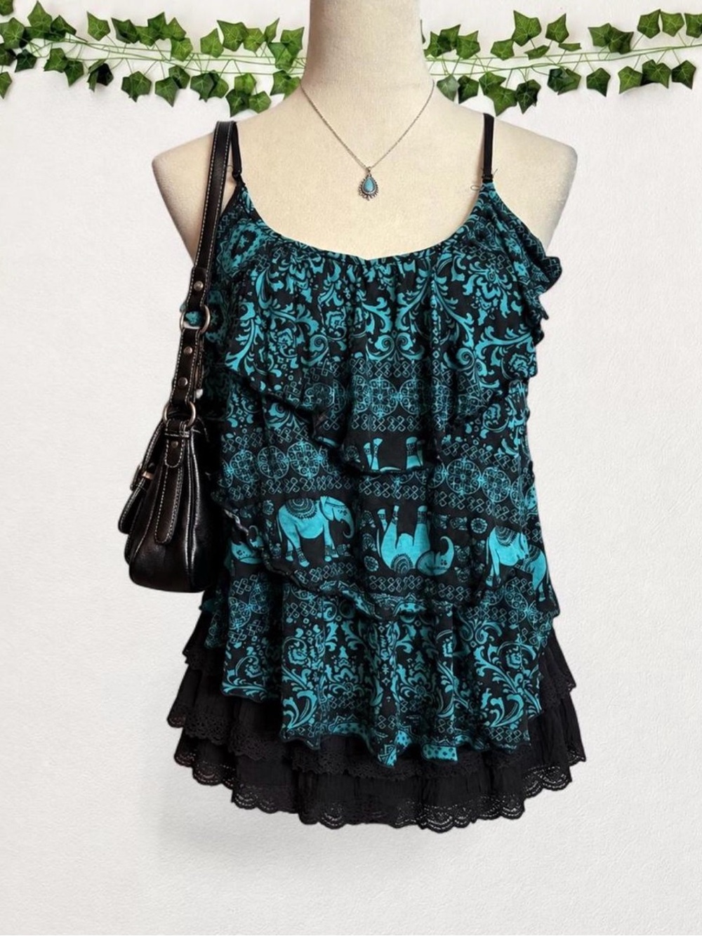 Rue21 Turquoise Elephant Print Ruffle Strappy Cami Top Size Small